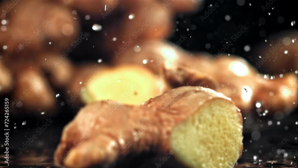 A knife cuts through fresh ginger. Filmed on a high-speed camera at 1000 fps. High quality FullHD footage