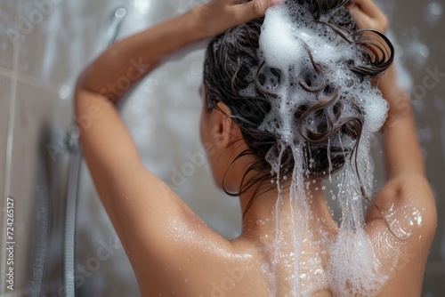 A serene woman stands in a steamy bathroom, lathering her hair with water from the shower in the elegant indoor space