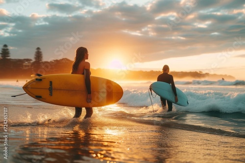 A serene sunset beach scene with a group of people standing in the water, carrying surfboards and watching the wind waves, ready to catch the perfect wave © Pinklife