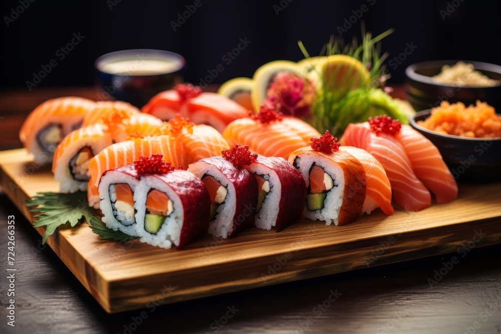 delicious sushi platter with vibrant bokeh lights, Generative AI delicious sushi platter with vibrant bokeh lights, Generative AI