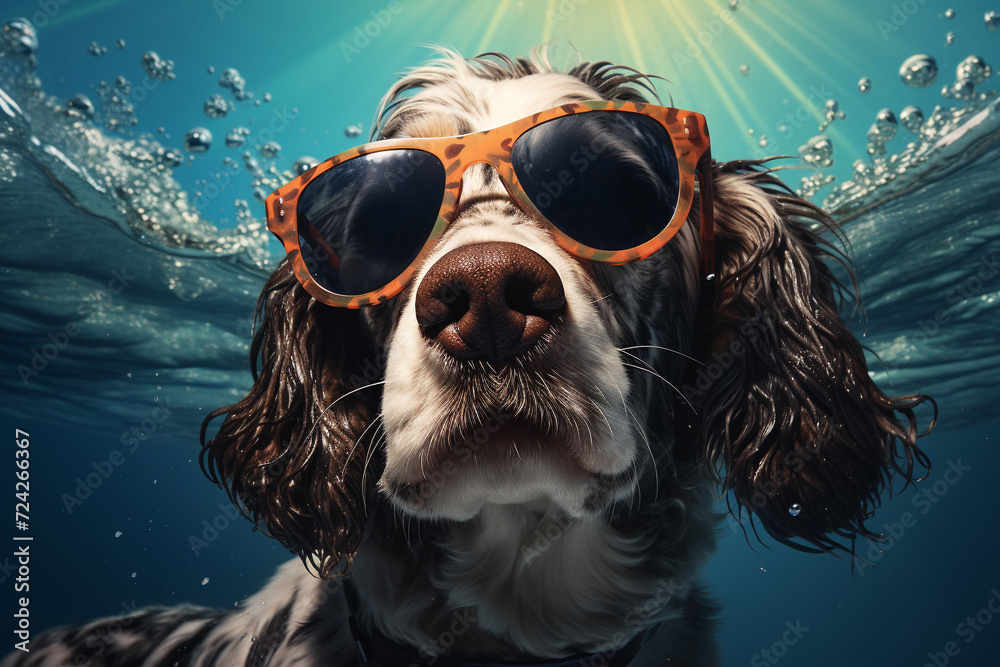 cute happy funny pretty beautiful dogs puppy doggy pet best friend swimming in pool or sea, wear sunglasses, water laps wet joyful humor enjoyment playing smiling sunlight beach. - obrazy, fototapety, plakaty 