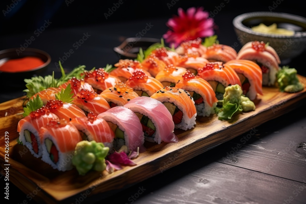 delicious sushi platter with vibrant bokeh lights, Generative AI delicious sushi platter with vibrant bokeh lights, Generative AI