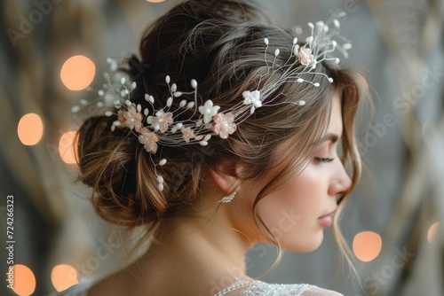A blushing bride adorned with a tiara and veil, stands gracefully among a garden of vibrant flowers, her embellished bun and delicate headband completing her ethereal wedding ensemble