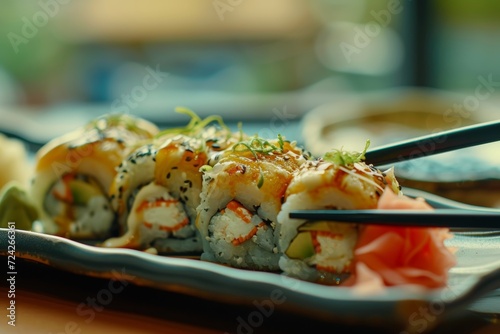 delicious sushi platter with vibrant bokeh lights, Generative AI