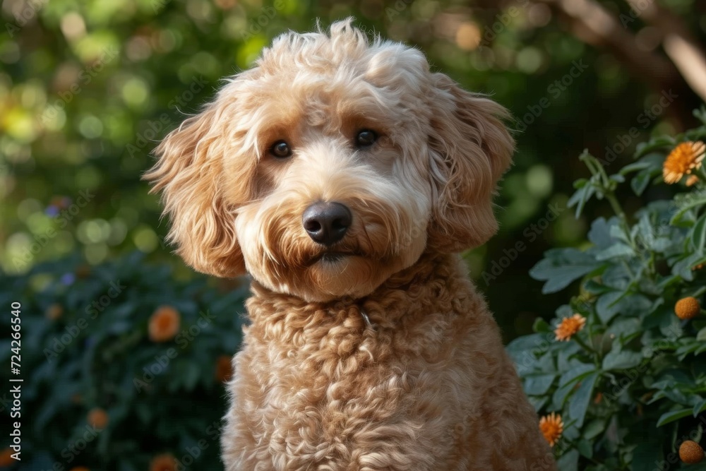 A fluffy labradoodle sits contentedly amidst a lush garden, embodying the perfect blend of playful companion and regal elegance