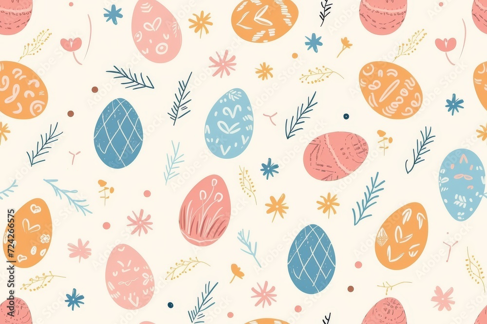 Whimsical illustrations of hand-drawn eggs and delicate flowers intertwine in a playful pattern, perfect for adorning any child's artwork or wrapping paper Whimsical illustrations of hand-drawn eggs and delicate flowers intertwine in a playful pattern, perfect for adorning any child's artwork or wrapping paper