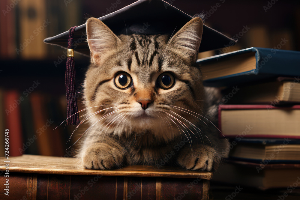 A cat wearing a tiny graduation cap sitting atop a pile of books, looking utterly confused. Concept of humorous incongruity. Generative Ai. A cat wearing a tiny graduation cap sitting atop a pile of books, looking utterly confused. Concept of humorous incongruity. Generative Ai.