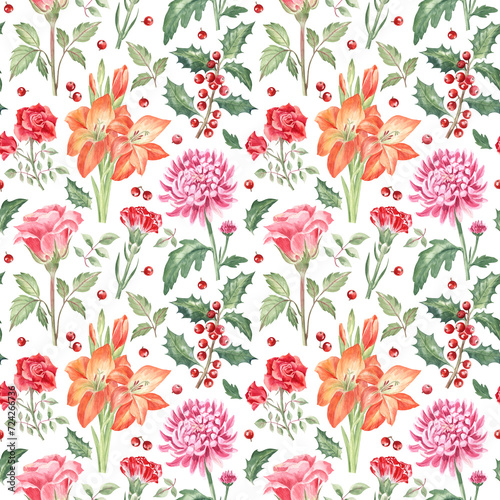 Wallpaper Mural Floral pattern with the autumn and winter flowers and holly berries. Watercolor hand drawn roses, chrysanthemums, gladioluses, carnations and holly. Seamless design for fabric, wallpaper, home textile Torontodigital.ca