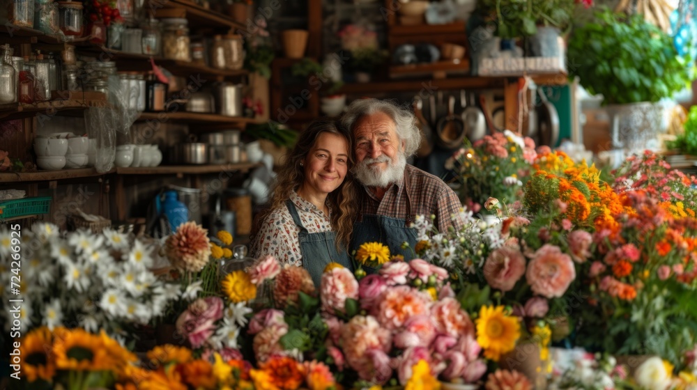 Portrait of an old man and woman florists. Valentine's Day.