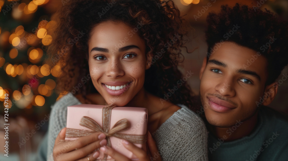 Portrait of happy african american woman holding gift box with her boyfriend. Valentine's Day. Portrait of happy african american woman holding gift box with her boyfriend. Valentine's Day.