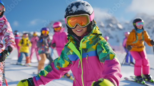 Asians kids put on ski equipment and glide happily. Skiers wear colorful ski suits, goggles and protective helmets, On a ski resort.