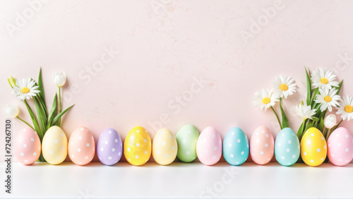 Colorful Painted Eggs Arranged in a Line on a Table with Flowers