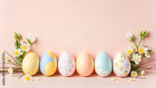 Assorted Painted Eggs Arranged on a Table with Flowers on Sides