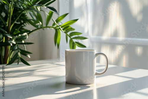 minimal white, gray, beige and black mugs. Mugs of coffee, tea and hot drinks on wooden floor surrounded by green plants and flowers. minimal textured patterns background.glass. 