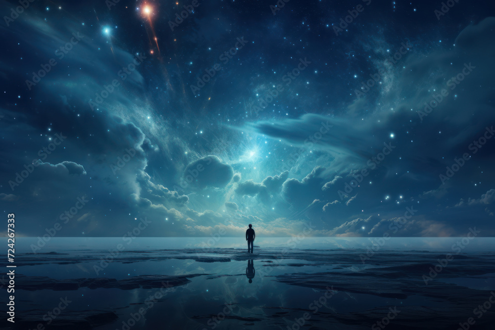 A lone figure under a vast starry sky, conveying a sense of awe and wonder. Concept of existential awe. Generative Ai. A lone figure under a vast starry sky, conveying a sense of awe and wonder. Concept of existential awe. Generative Ai.