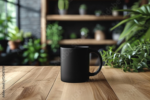 minimal white, gray, beige and black mugs. Mugs of coffee, tea and hot drinks on wooden floor surrounded by green plants and flowers. minimal textured patterns background.glass. 