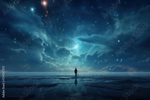 A lone figure under a vast starry sky, conveying a sense of awe and wonder. Concept of existential awe. Generative Ai.