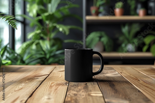 minimal white, gray, beige and black mugs. Mugs of coffee, tea and hot drinks on wooden floor surrounded by green plants and flowers. minimal textured patterns background.glass. 