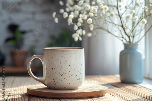 minimal white, gray, beige and black mugs. Mugs of coffee, tea and hot drinks on wooden floor surrounded by green plants and flowers. minimal textured patterns background.glass. 