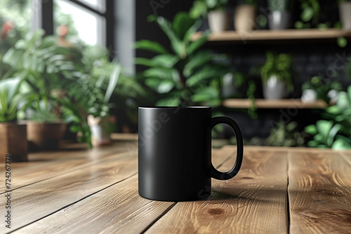 minimal white, gray, beige and black mugs. Mugs of coffee, tea and hot drinks on wooden floor surrounded by green plants and flowers. minimal textured patterns background.glass. 