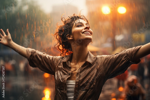 A dancer in the rain, moving freely, embodying liberation and exhilaration. Concept of liberating joy. Generative Ai.
