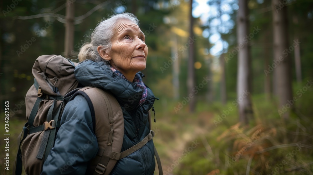 attractive senior woman hiking with a backpack, 