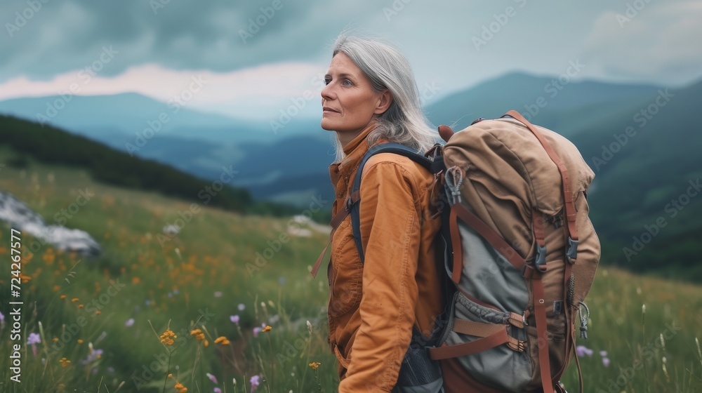 Naklejka premium attractive senior woman hiking with a backpack, 