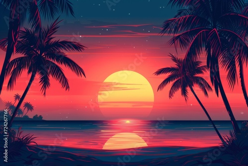 The golden hues of the sky melt into the tranquil waters, while a lone palm tree stands tall in the afterglow, capturing the peaceful essence of a tropical sunset on a serene beach