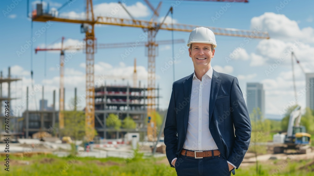 Male Construction contractor posing in front of a construction site looking at the camera smiling Male Construction contractor posing in front of a construction site looking at the camera smiling