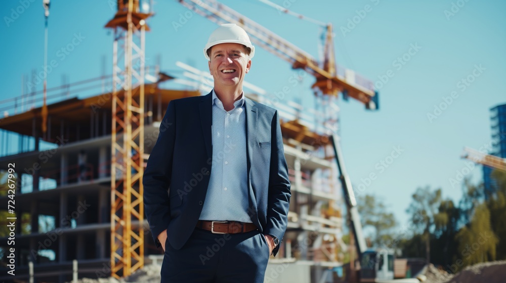 Male Construction contractor posing in front of a construction site looking at the camera smiling
