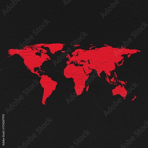 World red map on isolated black textured background. High quality coloured map of World.