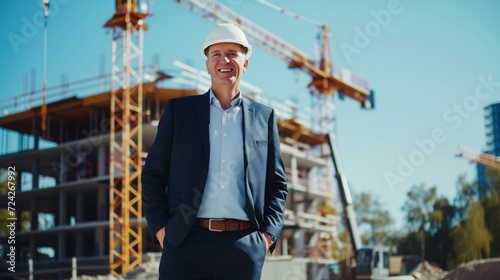 Male Construction contractor posing in front of a construction site looking at the camera smiling