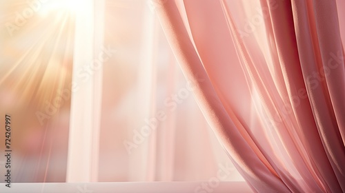 Dreamy image of a pastel-pink curtain on a sunlit window, interior abstract background.