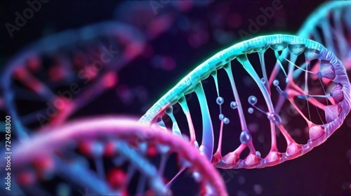 Colorful neon glowing DNA molecular structure, high quality resolution, beautiful background, 
