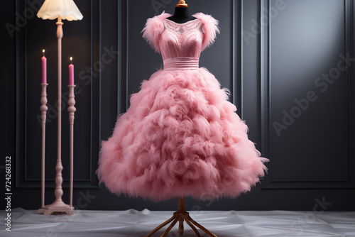 Elegant pink fluffy women's dress on a mannequin. Generated by artificial intelligence