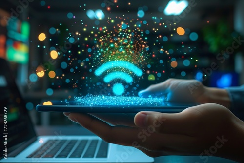 Futuristic wifi icon as interactive holographic display over hands holding mobile phone