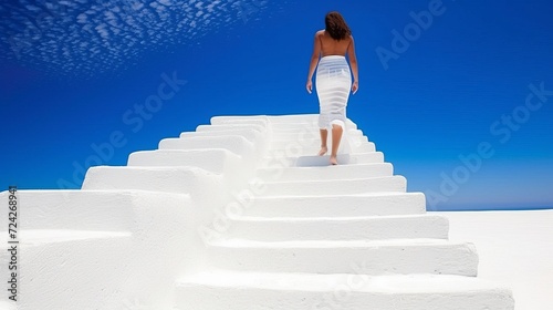 White stairs to blue sky, exploring the concept of achieving goals and reaching new heights.