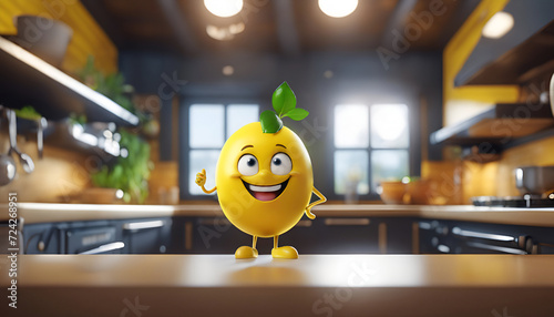 Cheerful 3d cartoon lemon character on the kitchen counter - Generative AI