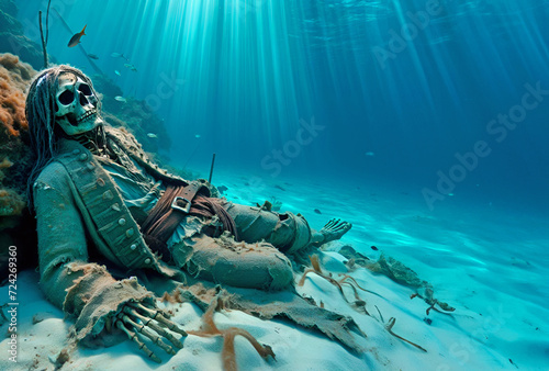 The skeletal remains of a pirate captain with dreadlocks resting at the bottom of a beautiful lit underwater widescreen landscape scene