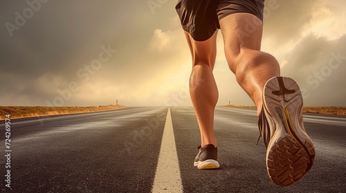 Close up of male runner s legs on long desert road at sunset with copy space for text placement