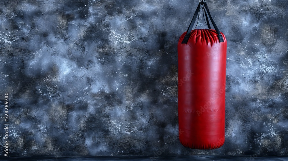 Vivid red punching bag in gym near wall, with space for text placement and customization