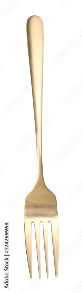 One shiny golden fork isolated on white, top view One shiny golden fork isolated on white, top view