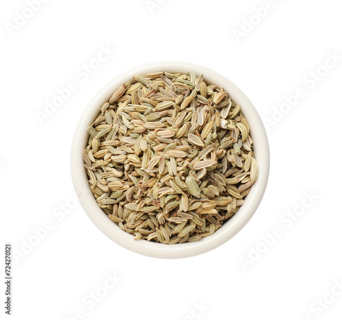 Dry fennel seeds in bowl isolated on white, top view