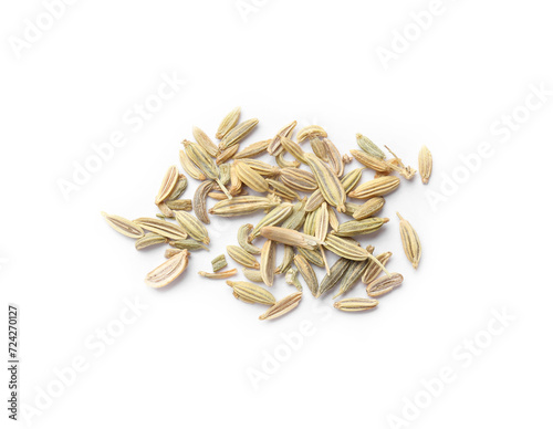 Pile of dry fennel seeds isolated on white, top view