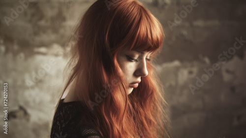Studio portrait of a beautiful woman with red hair standing in profile. She is looking downward with a sad expression on her face.