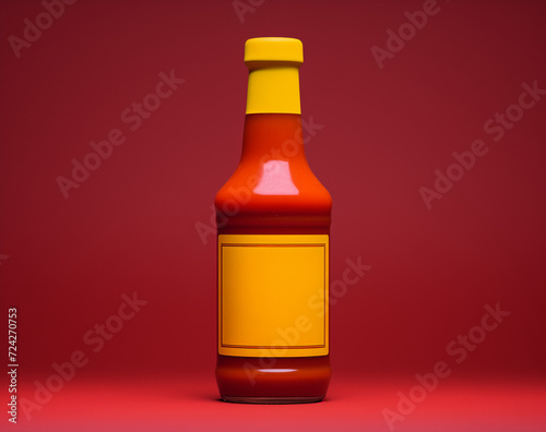bottle of ketchup.Trendy social mockup or wallpaper with copy space.Top view.Generative AI photo