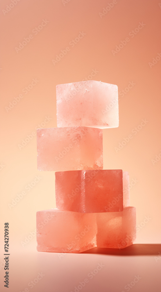 Pink colored ice cubes.Minimal creative food and drink concept.Trendy social mockup or wallpaper with copy space.Top view.Generative AI Pink colored ice cubes.Minimal creative food and drink concept.Trendy social mockup or wallpaper with copy space.Top view.Generative AI