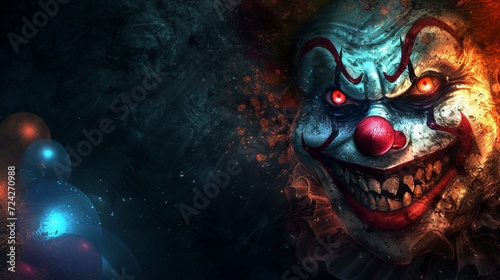 Sinister clown with glowing red eyes and chilling smile in dark, creating eerie atmosphere. photo