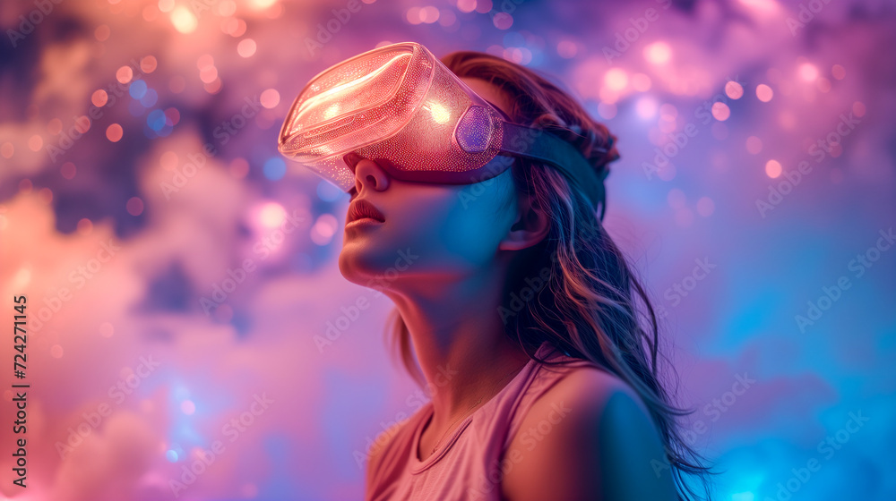 A young woman wearing virtual reality glasses / headset in a fantasy shining world. 