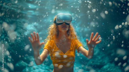 A young woman wearing virtual reality glasses / headset in a fantasy world.